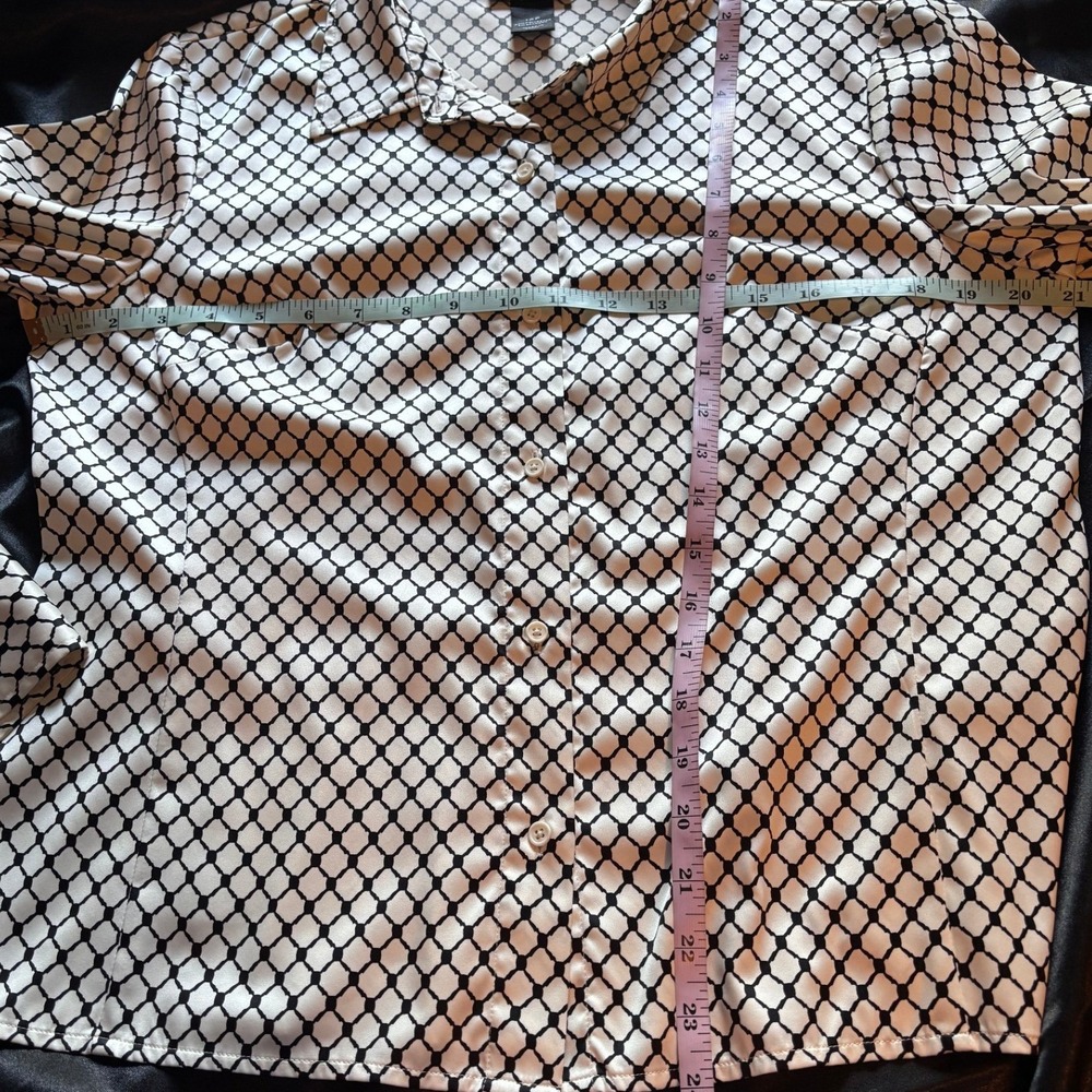 Petite Sophisticate Vintage Black White Geometric Lattice Button Down Blouse 12P - Picture 7 of 9